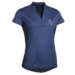 女士夏季透气Polo衫-深蓝色-马术运动网面短袖-500系列